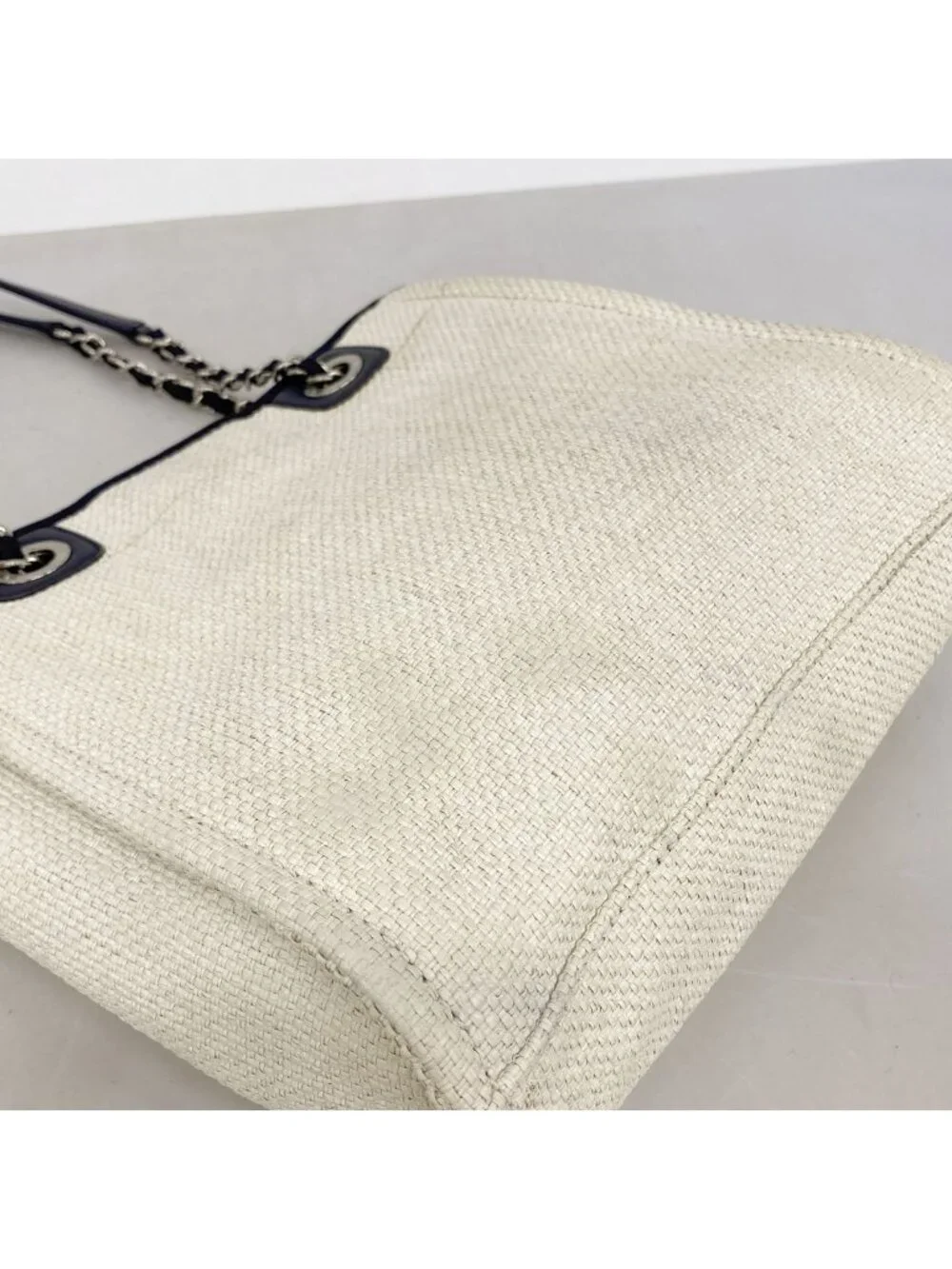 Chanel Chain Tote Bag Deauville Raffia Ivory Navy Silver